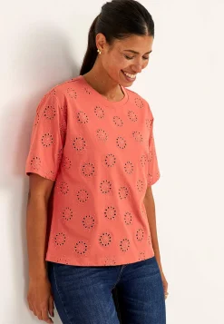 Jerseytop med broderet hulmønster