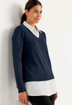 Jerseytop med syet skjorte krave