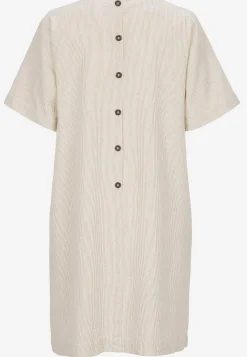 Kortærmet hørkjole med garnfarvede striber