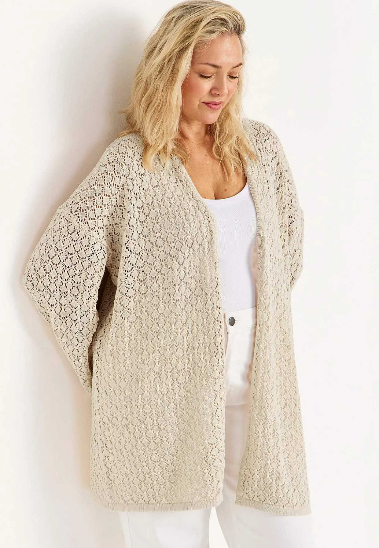 Strikket cardigan med hulmønster | Cellbes